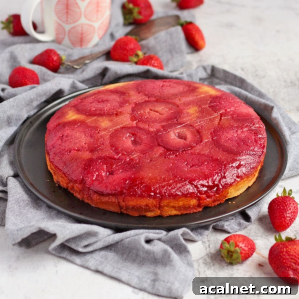 Plum Upside Down Cake on a black plate, showcasing its golden crust and juicy plum topping.