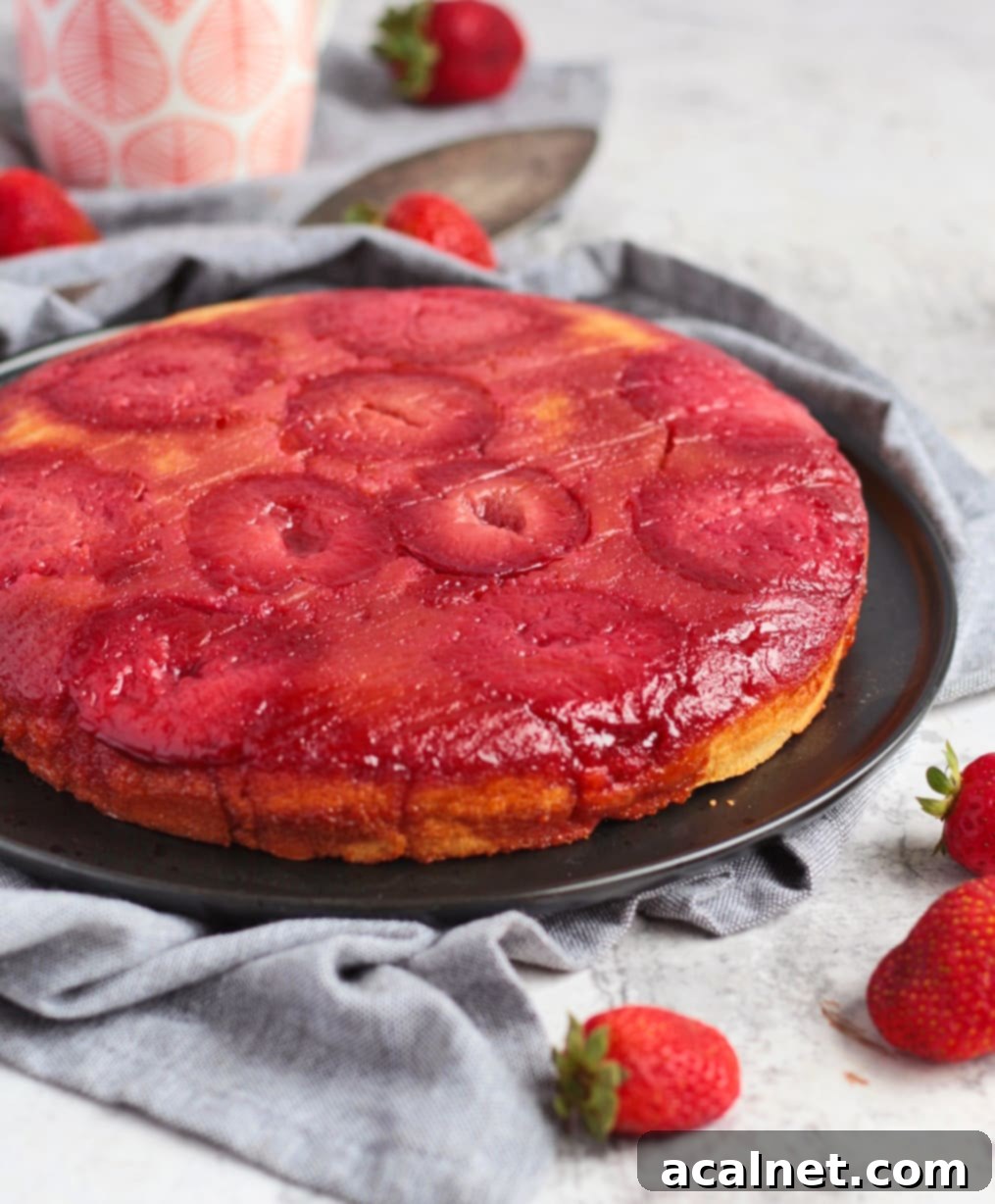 Side view of a slice of Plum Upside Down Cake on a black plate, showing the distinct layers of caramelized plums and cake.