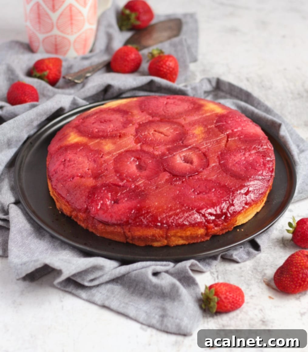 Upside Down Plum Cake on a black plate, artfully arranged with fresh strawberries.