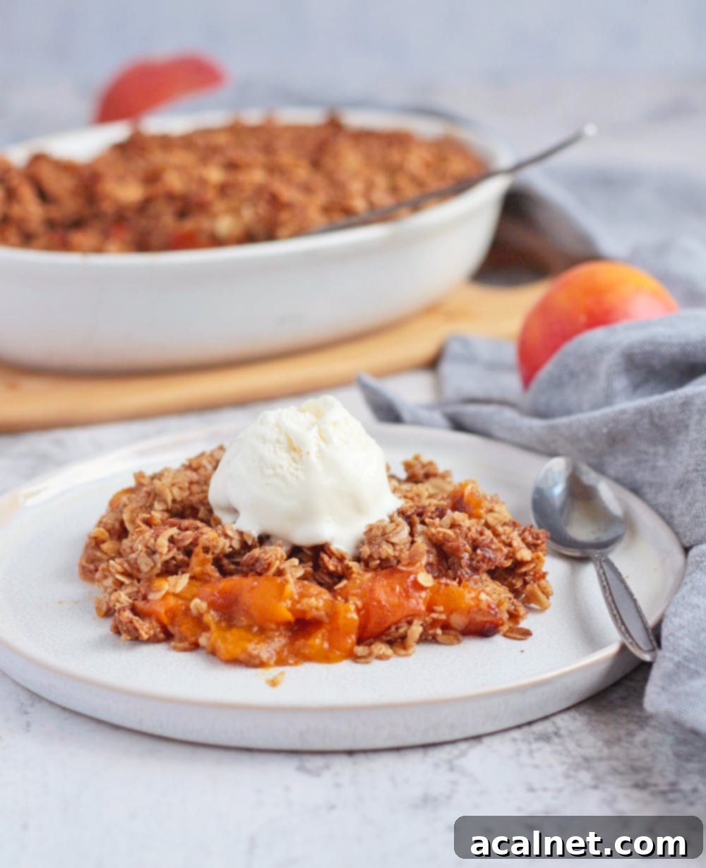 A serving of crumble on a white plate topped with ice cream