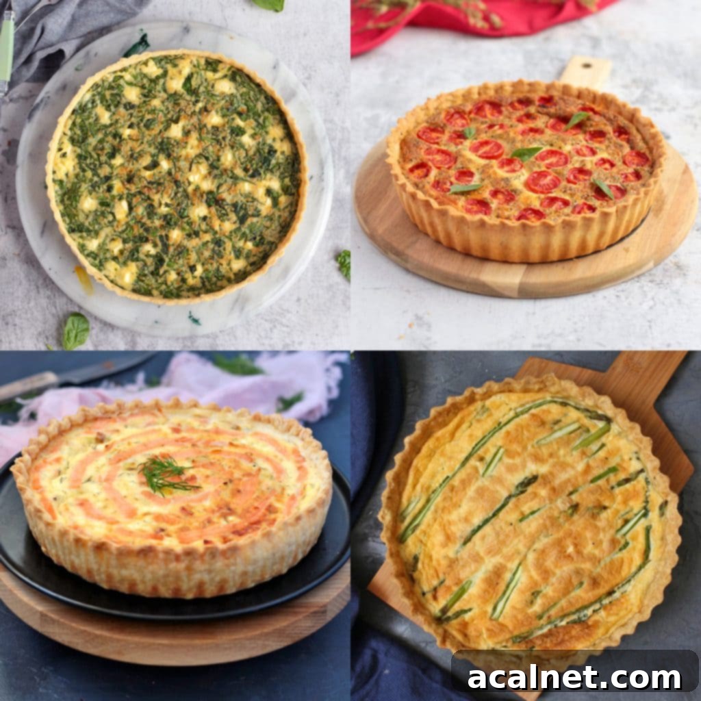 Four beautifully arranged vegetarian quiches, showcasing different vegetable fillings like spinach, tomato, and broccoli, presented on a wooden board.