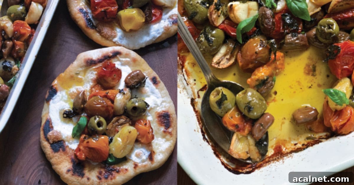 Roasted Tomato and Olives Appetizer with herbs and olive oil in a rustic serving dish.