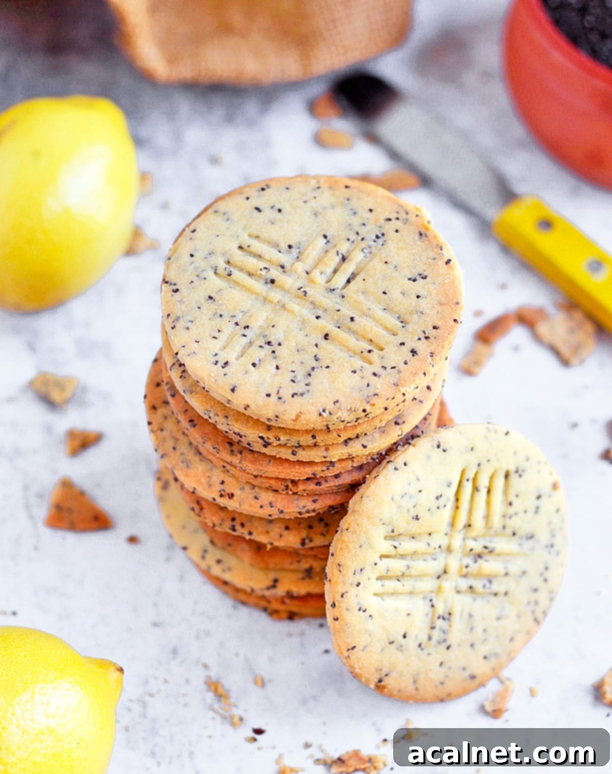 Top view on the cookie stack surrounded by lemons