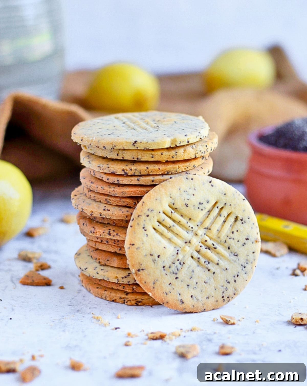 Poppy Seed Cookie Stack with fresh lemons