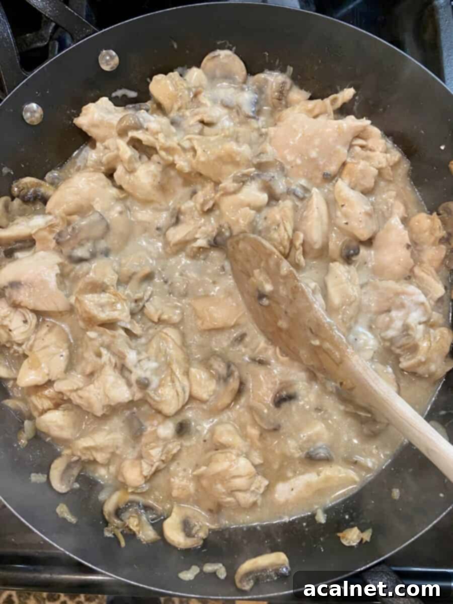 Creamy Chicken and Mushroom Stroganoff 6 Chicken stroganoff with mushrooms simmering in a skillet on the stove, showing a thick, creamy sauce developing.