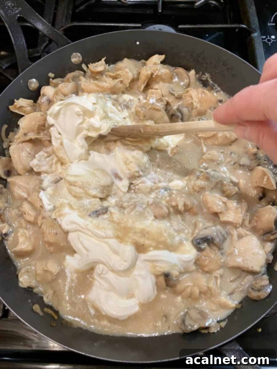 Creamy Chicken and Mushroom Stroganoff 7 Stirring sour cream into the bubbling chicken stroganoff mixture in a skillet on the stove to finish the sauce.