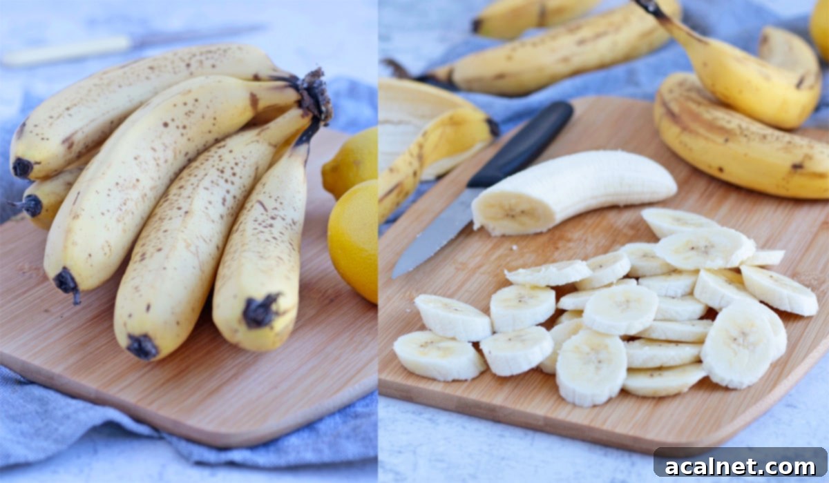 Crispy Oven-Baked Banana Chips 3 Ingredients for banana chips: bananas and lemon, with sliced bananas on a cutting board.