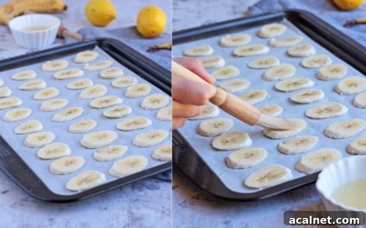 Crispy Oven-Baked Banana Chips 4 Placing banana slices on a baking tray and brushing them with lemon juice before baking.