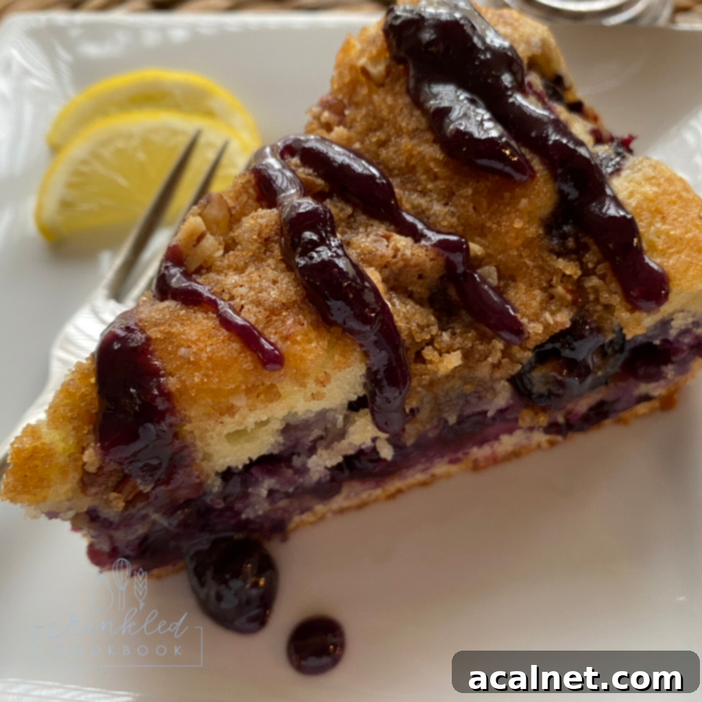 Zesty Lemon Blueberry Coffee Cake 2 A slice of moist blueberry lemon coffee cake on a white plate, garnished with fresh blueberries and a lemon slice.