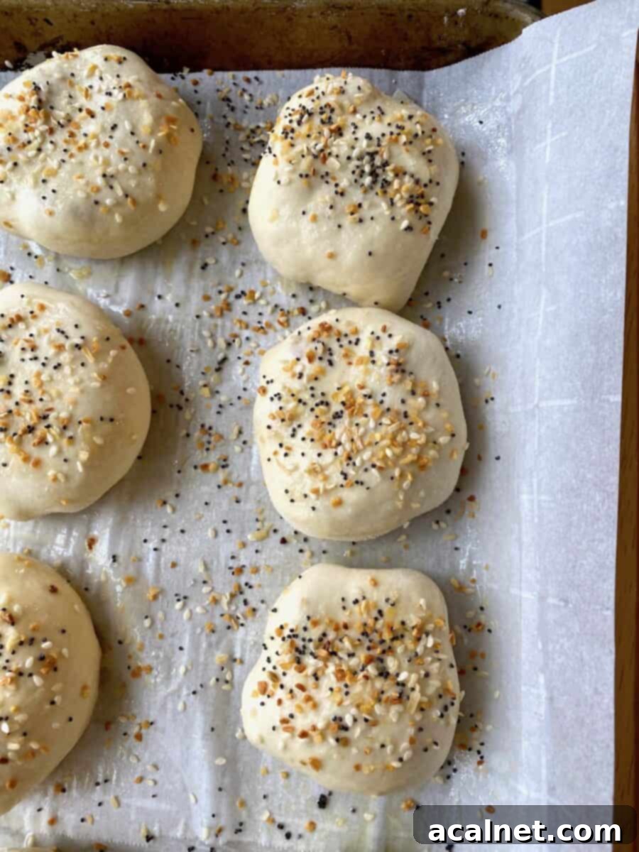 Stuffed dinner rolls, brushed with egg wash and sprinkled with Everything Bagel Seasoning, arranged on a baking sheet before baking.