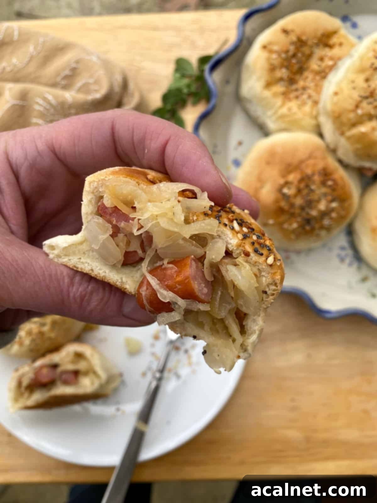 A hand holding a dinner roll with sausage and kraut filling, ready to eat.