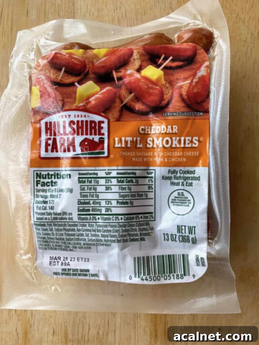 A bag of little smokies with cheese, showcasing the potential sausage varieties.