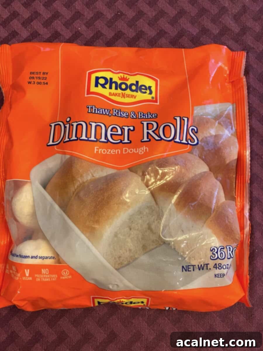 A bag of Rhodes dinner rolls, indicating the preferred brand for this recipe.