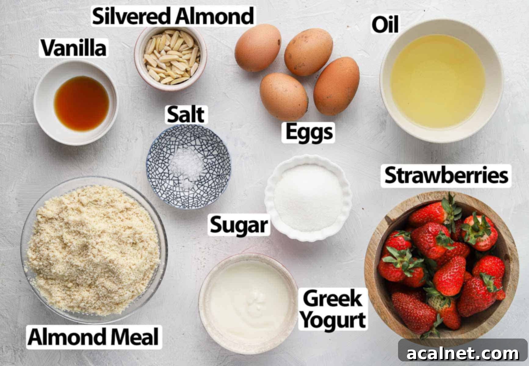 Almond Strawberry Bliss Cake Gluten Free 3 Ingredients on a white surface.