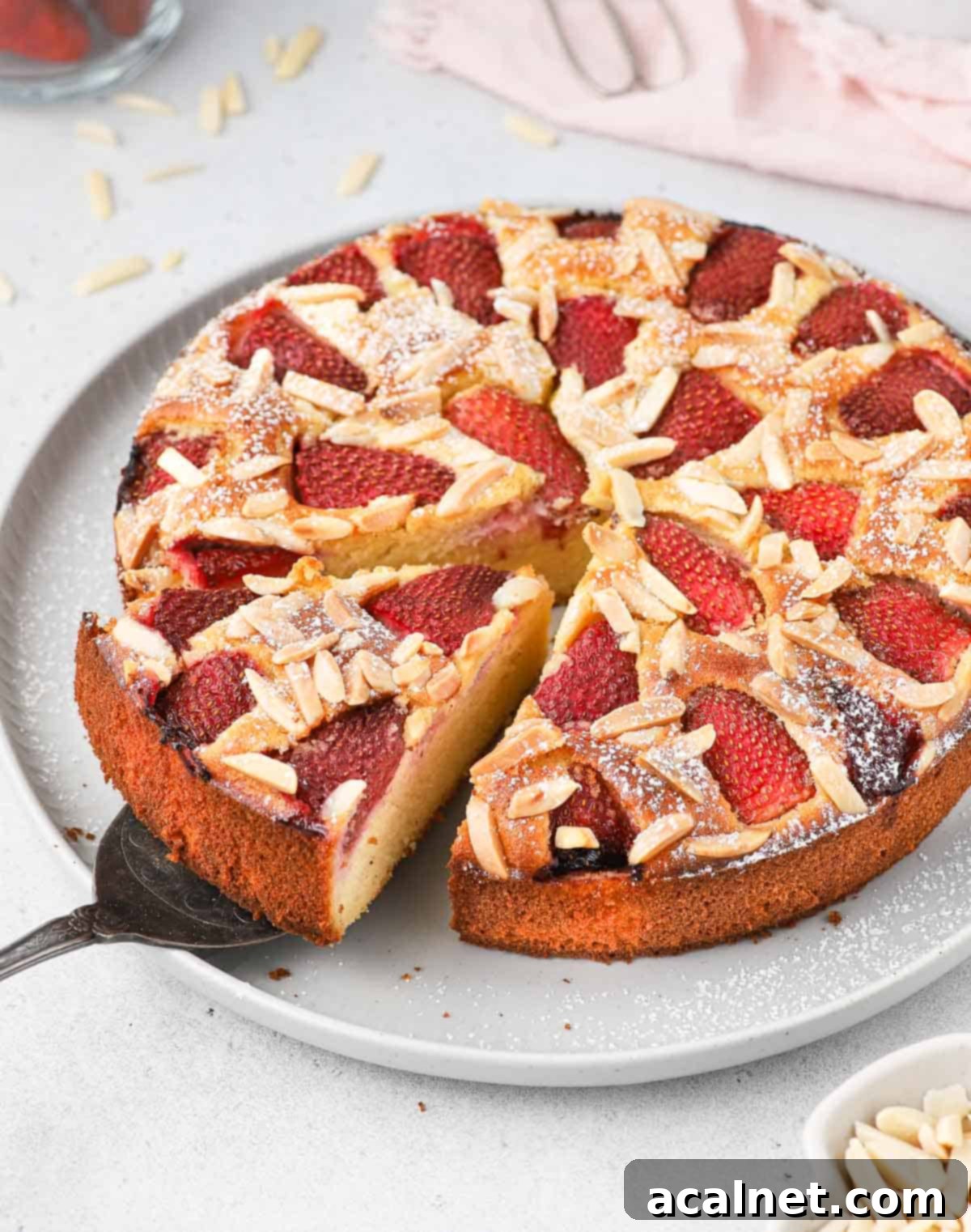 Almond Strawberry Bliss Cake Gluten Free 4 Cake on a grey plate with a slice cut off on a cake server.