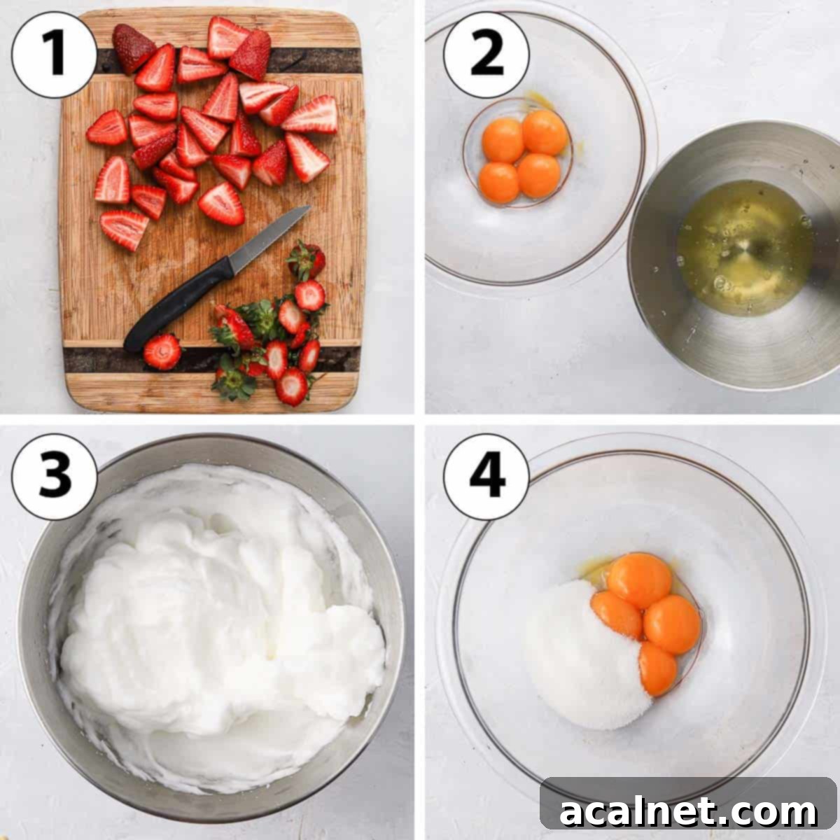 Almond Strawberry Bliss Cake Gluten Free 5 Process Shot Collage: cutting the strawberries and separating the eggs.