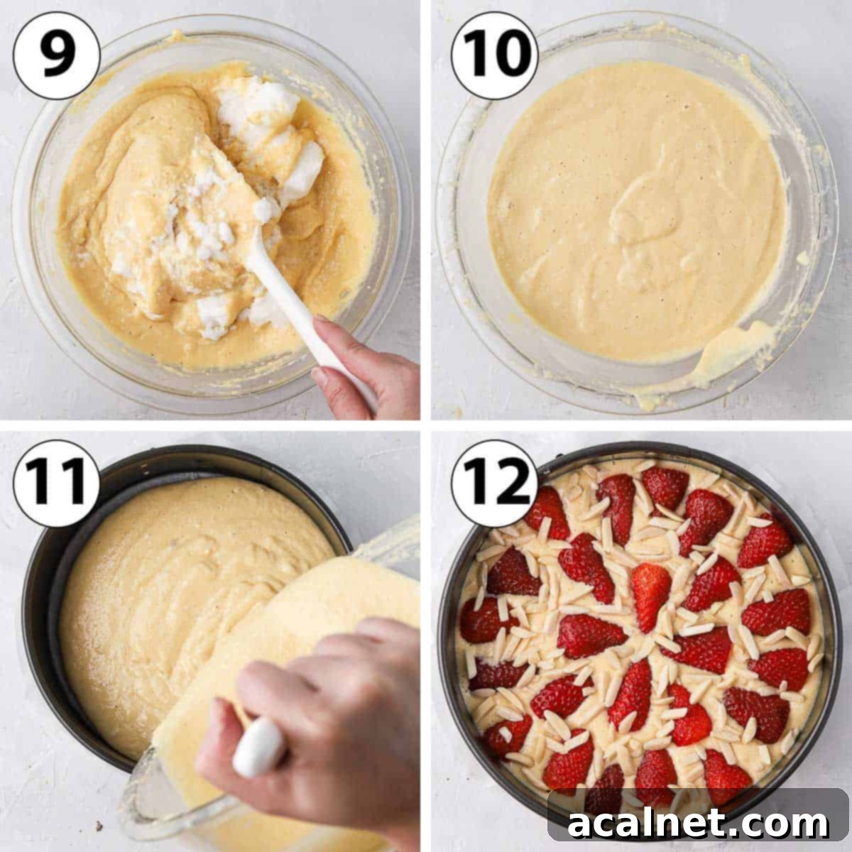 Almond Strawberry Bliss Cake Gluten Free 7 Process Shot Collage: folding the egg whites and assembling the cake.