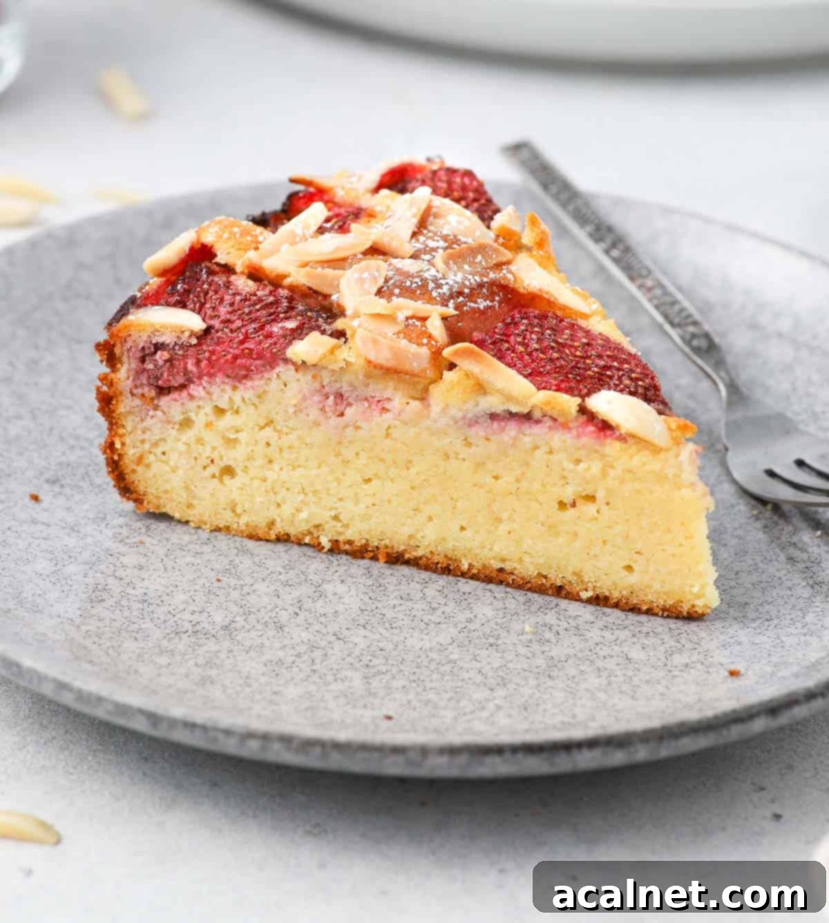 Almond Strawberry Bliss Cake Gluten Free 9 One slice of cake on a grey plate.