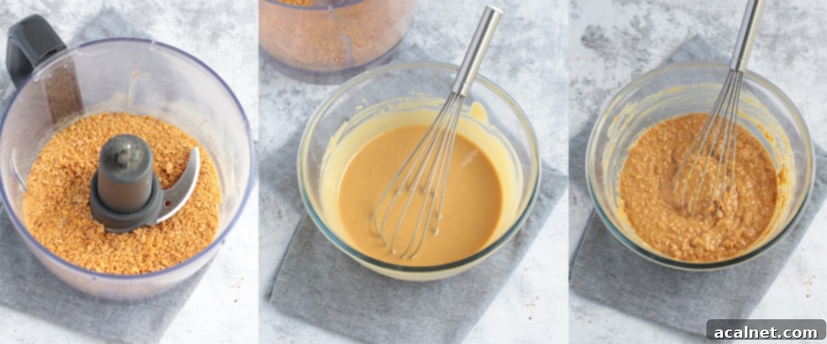 Effortless Peanut Butter Crunch Bars 6 Process shots showing the steps to create the crunchy peanut butter layer for the no-bake bars.