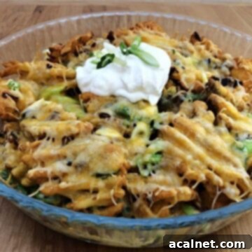 Waffle fries in a small pile in a bowl with spices and sour cream on top