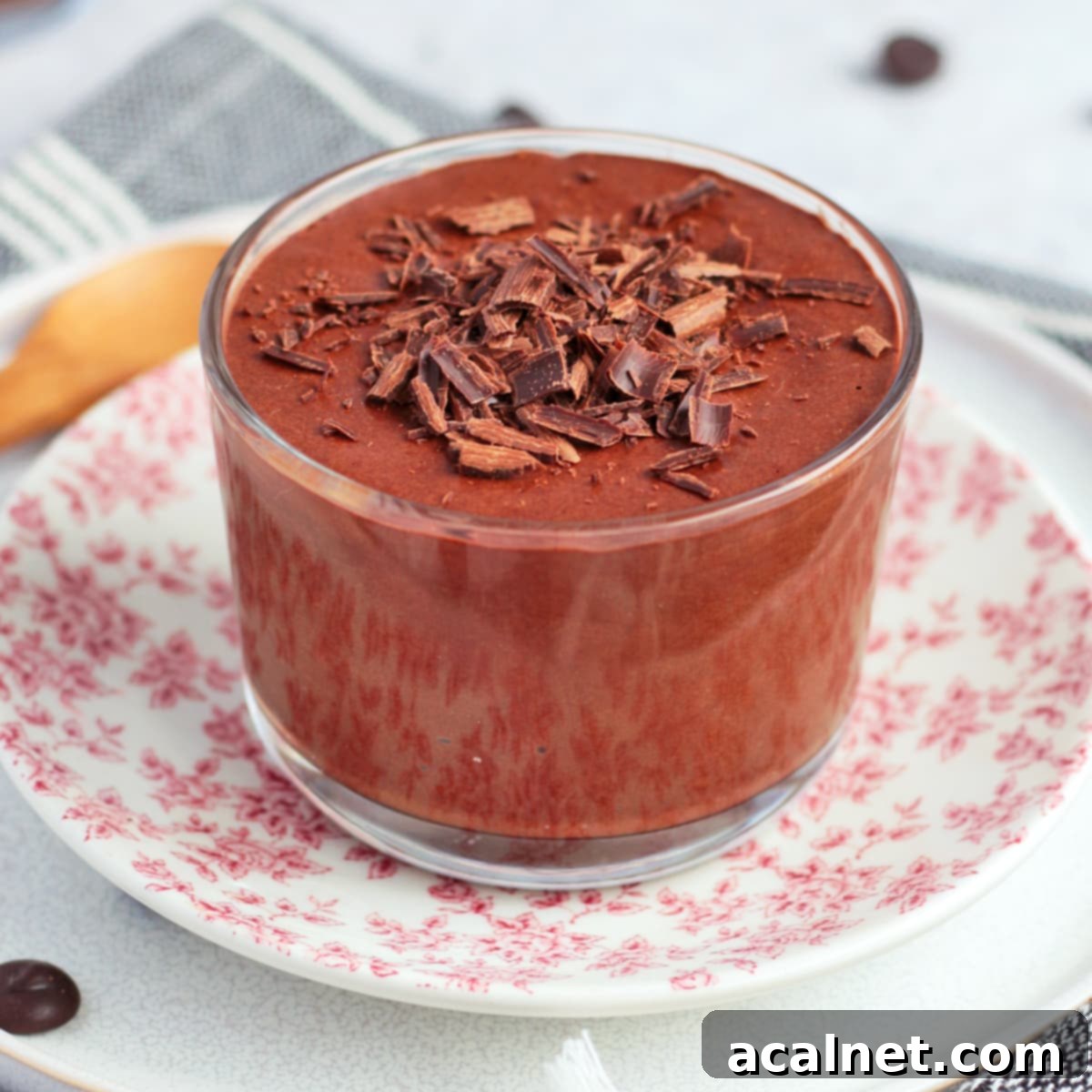 Close up on the chocolate mousse with chocolate shavings.