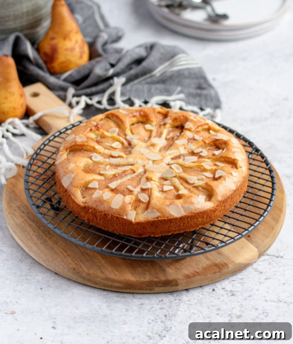 A 45-degree angle view of the baked Flourless Pear Almond Cake, featuring its golden-brown crust and pear slices, cooling on a round wire rack.