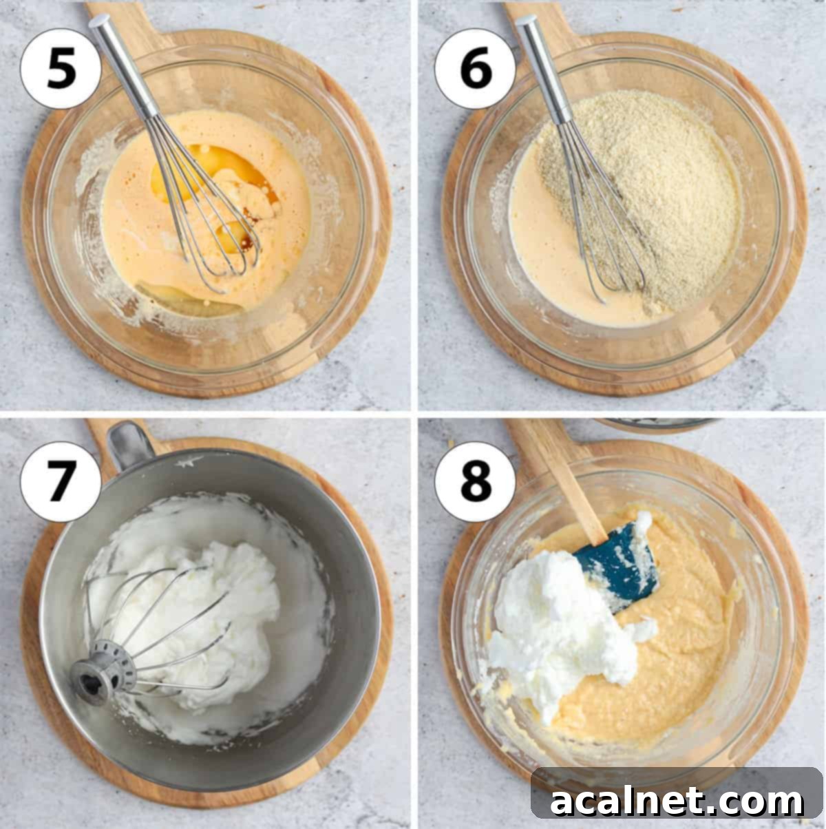 Process photo collage showing steps 5 to 8: adding wet ingredients, incorporating almond meal, whipping egg whites, and gently folding egg whites into the batter.