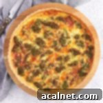 Broccoli Quiche from above on a wooden board