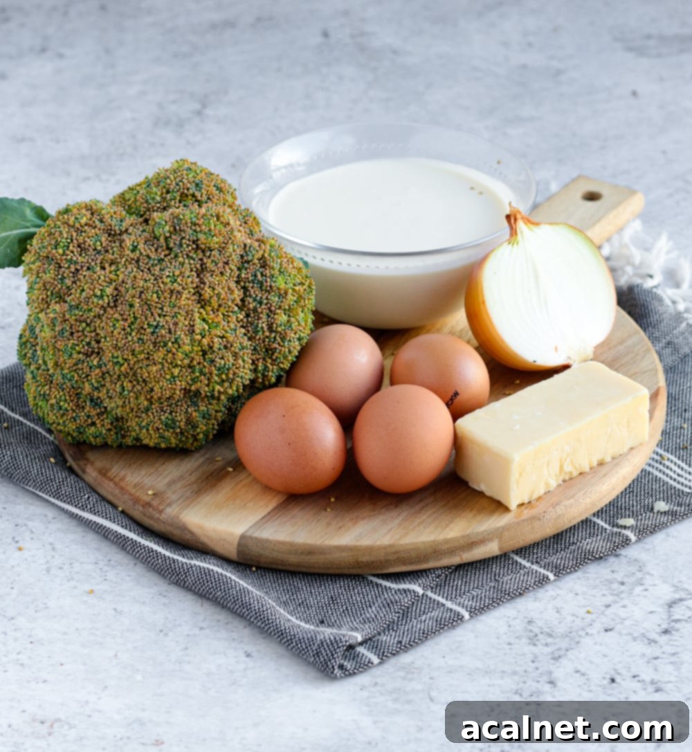 Quiche Filling Ingredients: heavy cream, eggs, fresh broccoli, grated cheddar cheese, and brown onion.