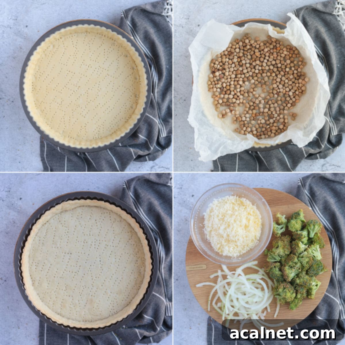 Process Shot: blind baking the pastry crust in a quiche pan, weighted down with baking beads.