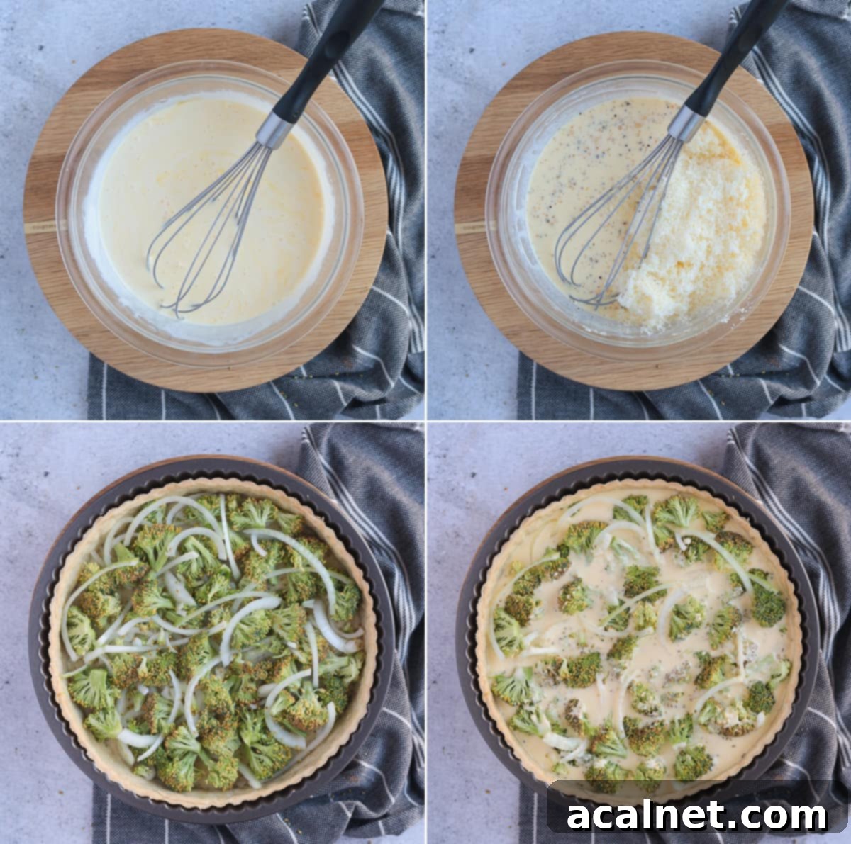 Process shot: making the quiche filling and pouring it into the blind-baked crust with broccoli and onions.
