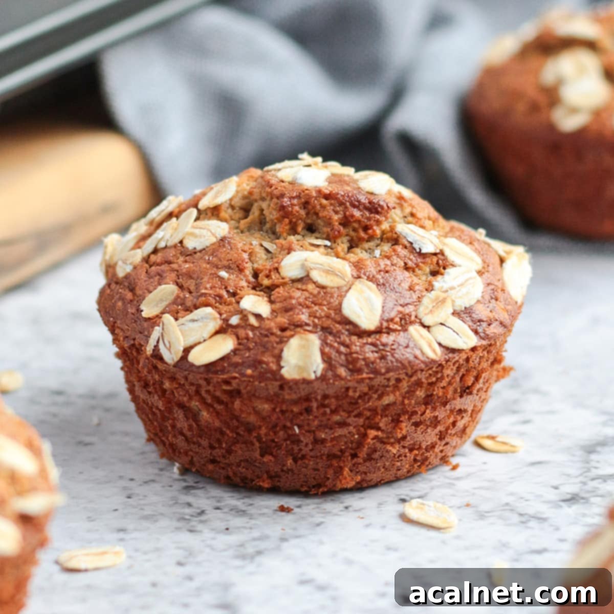 A single perfectly baked flourless oatmeal banana muffin sits next to a full muffin pan, highlighting its golden-brown top and wholesome texture.