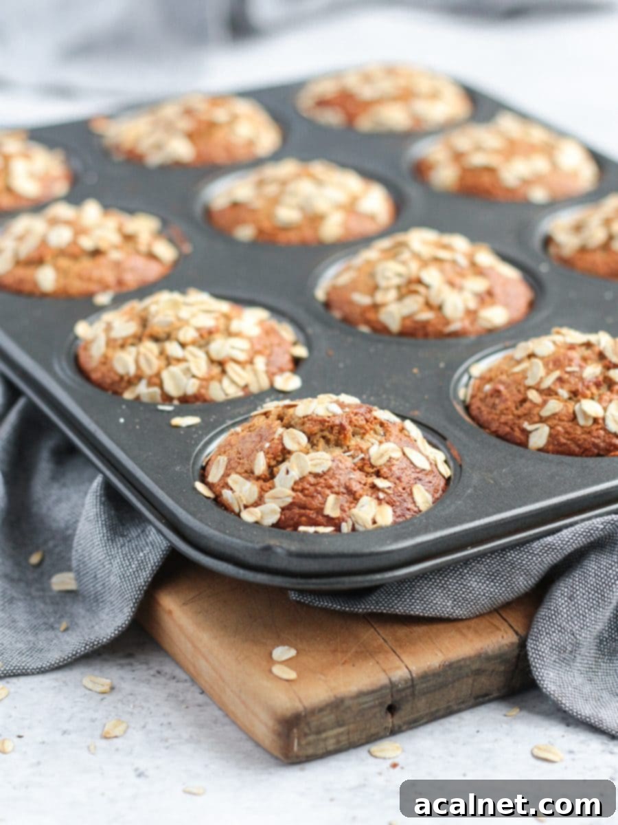Freshly baked flourless oatmeal banana muffins cooling in a muffin pan, showing their golden tops.