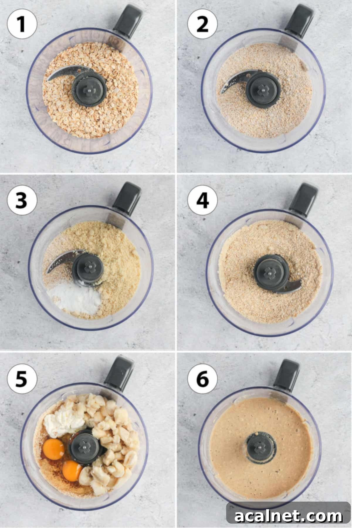A six-panel collage showing the step-by-step process of making the muffin batter in a food processor, from blending oats to a smooth final mixture.