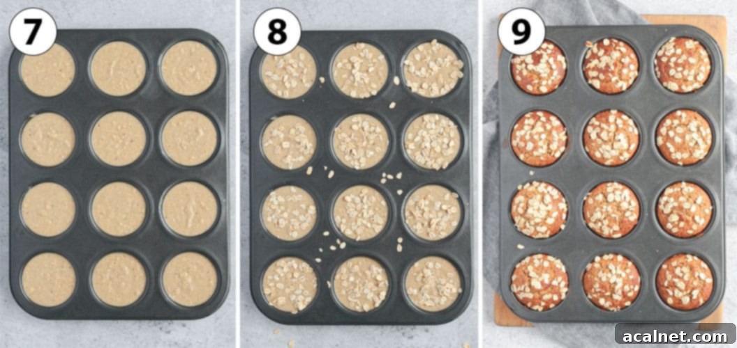 A three-panel collage illustrating the baking process of the muffins in a pan, from filling to golden finish.