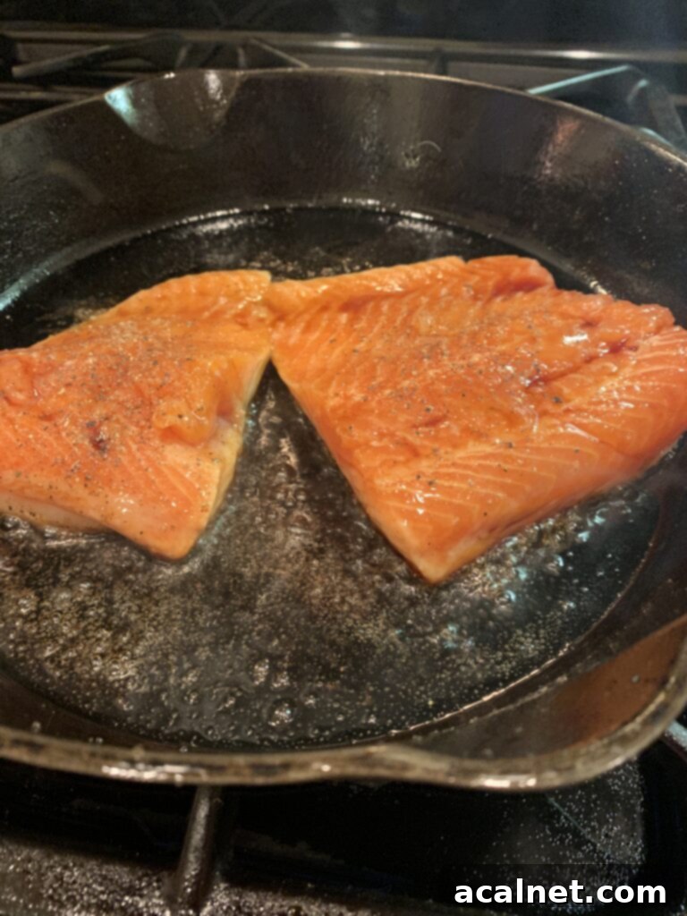 Sweet & Sticky Skillet Salmon 4 Salmon, skin side down in the skillet.