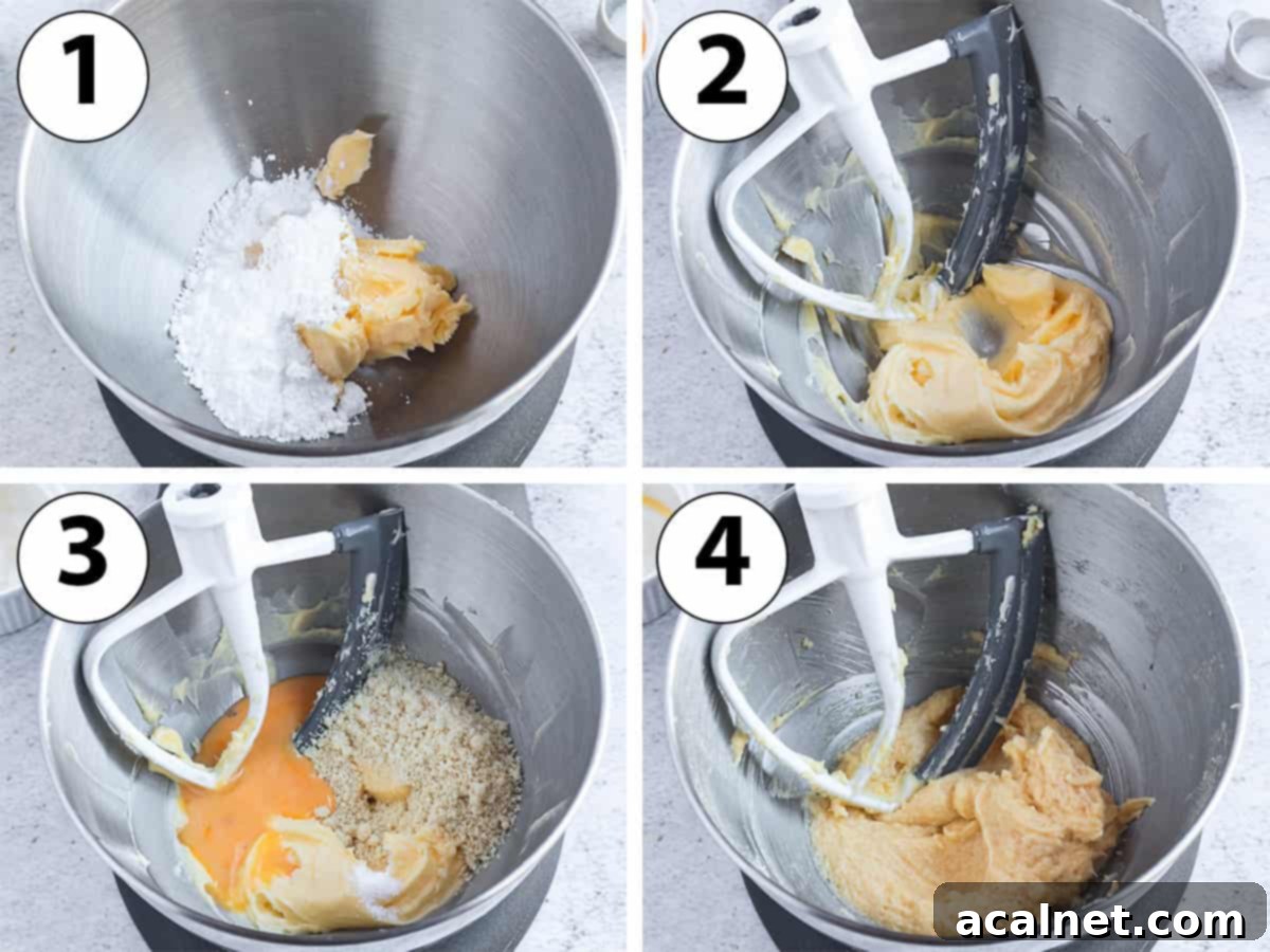 Process Shot Collage: Step-by-step images showing creaming butter and sugar, then adding egg and almond meal to form the Pâte Sucrée dough.