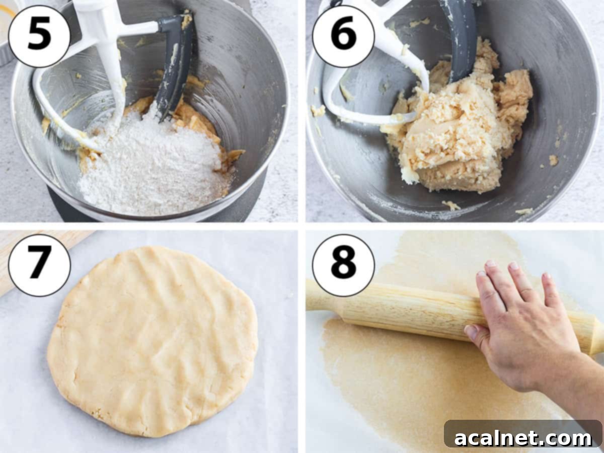 Process Shot Collage: adding flour to the Pâte Sucrée dough and rolling it between two sheets of baking paper.