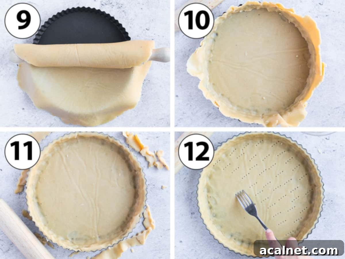 Process Shot Collage: step-by-step images showing how to line a tart pan with Pâte Sucrée dough.