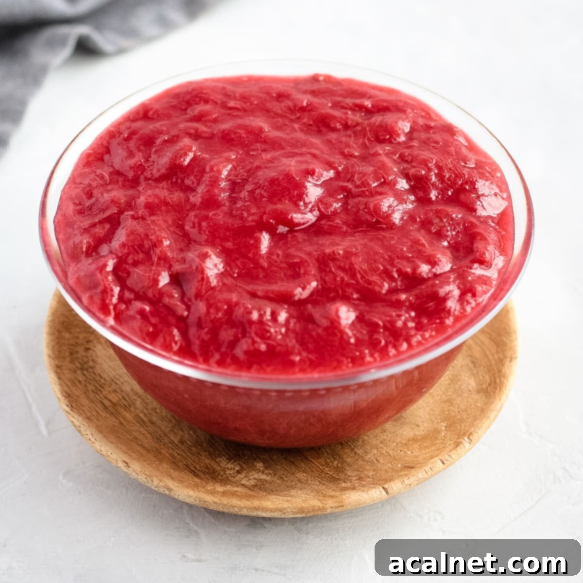 Stewed Rhubarb in a glass bowl over a wooden plate