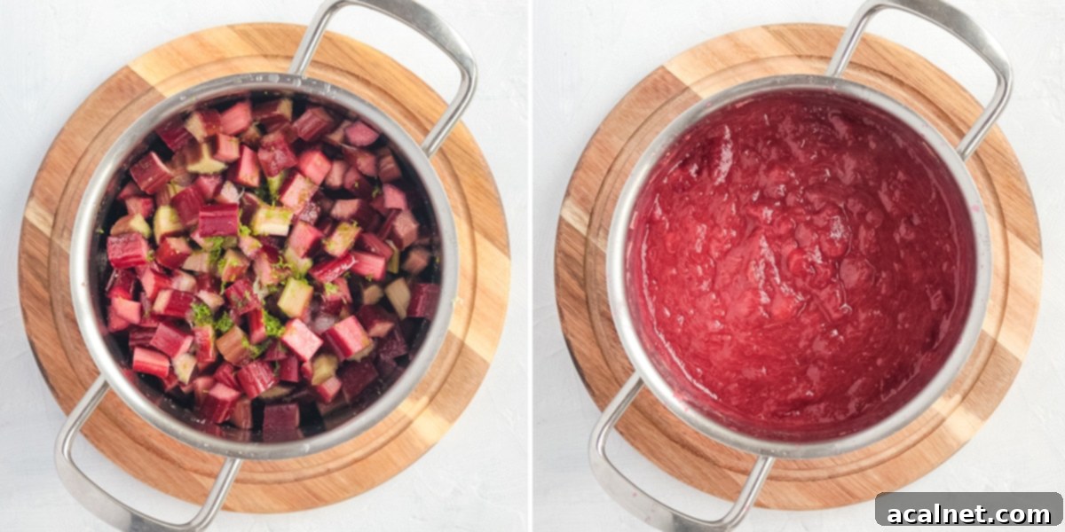 Process shot: before and after cooking the fruit in a pot