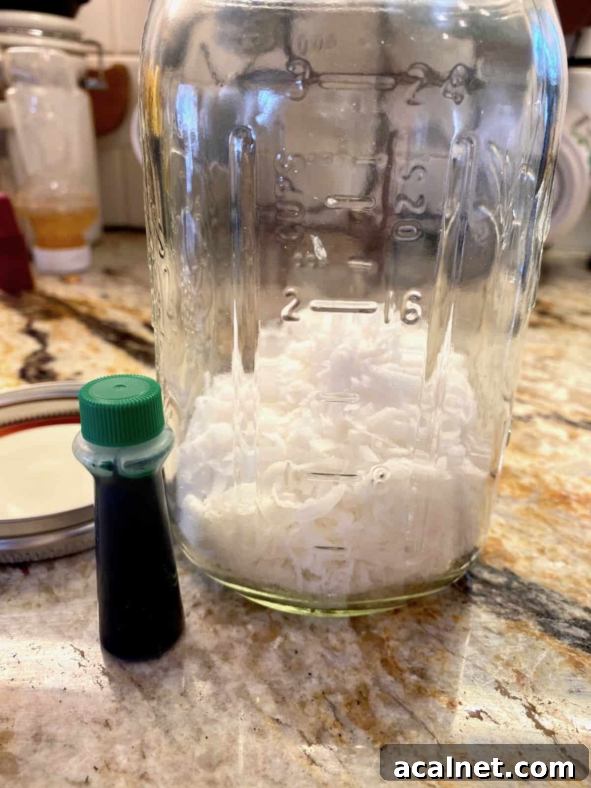 Coconut in a jar with a small container of green food coloring on the side.