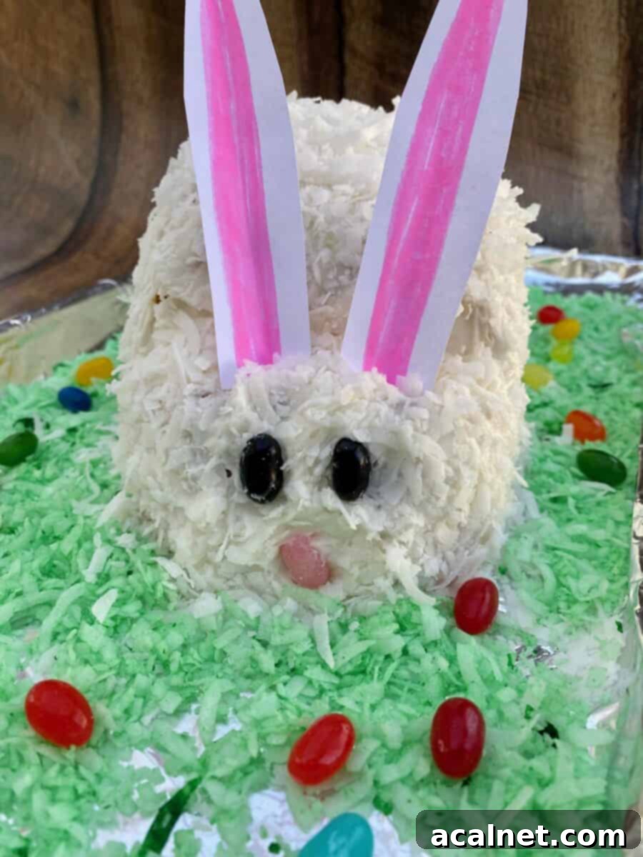 Bunny cake from the front, with paper ears sticking up. 