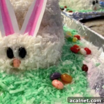Two baked bunny cakes on baking sheets with coconut.
