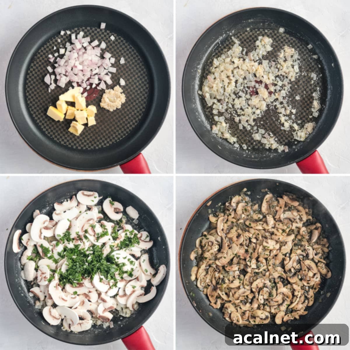 Process Shot: cooking the mushroom filling in a pan