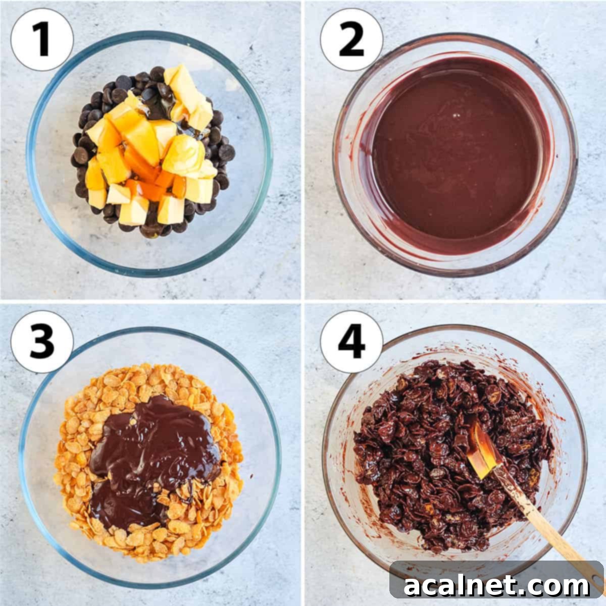 A four-panel process shot showing the steps to make chocolate cornflake cakes: 1. Chopped chocolate, butter, and honey in a bowl. 2. Ingredients melting in a double boiler. 3. Melted chocolate mixture poured over cornflakes. 4. Cornflakes being mixed with the chocolate.