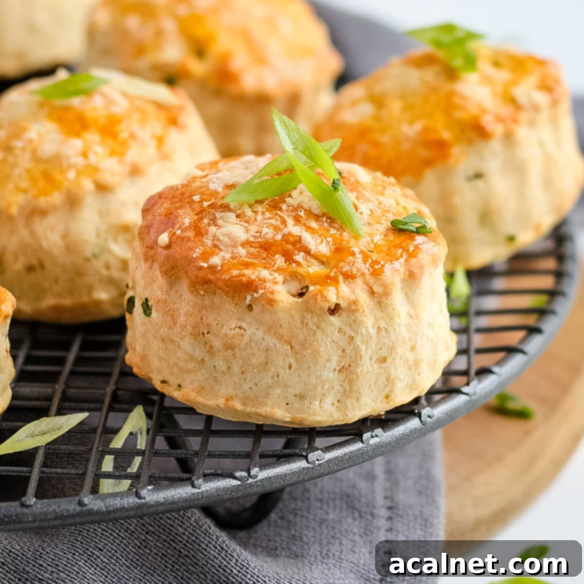 Close up on one scone topped with chopped spring onion