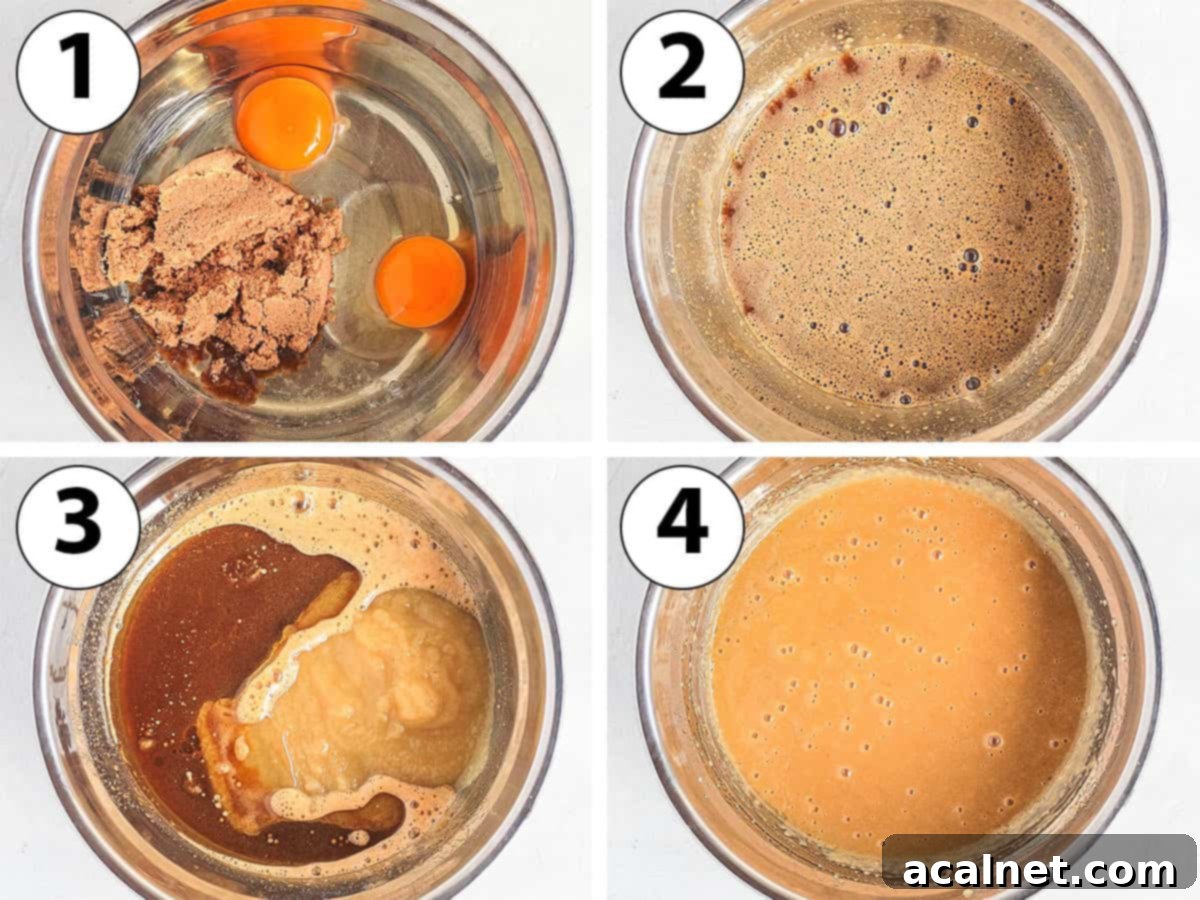 Process Shot Collage: mixing wet ingredients for spiced apple loaf cake.