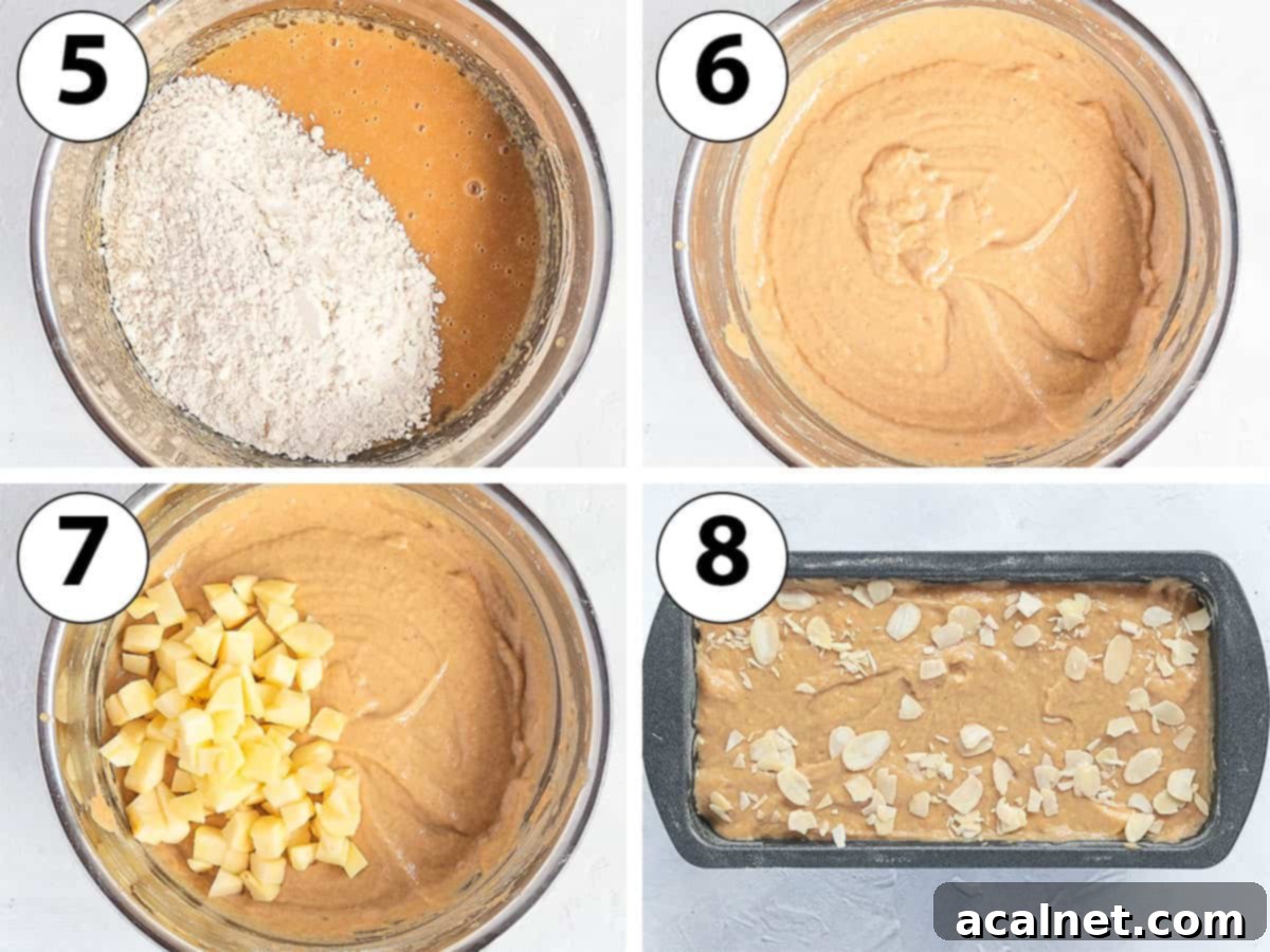 Process Shot Collage: adding dry ingredients and apple chunks to the wet batter.