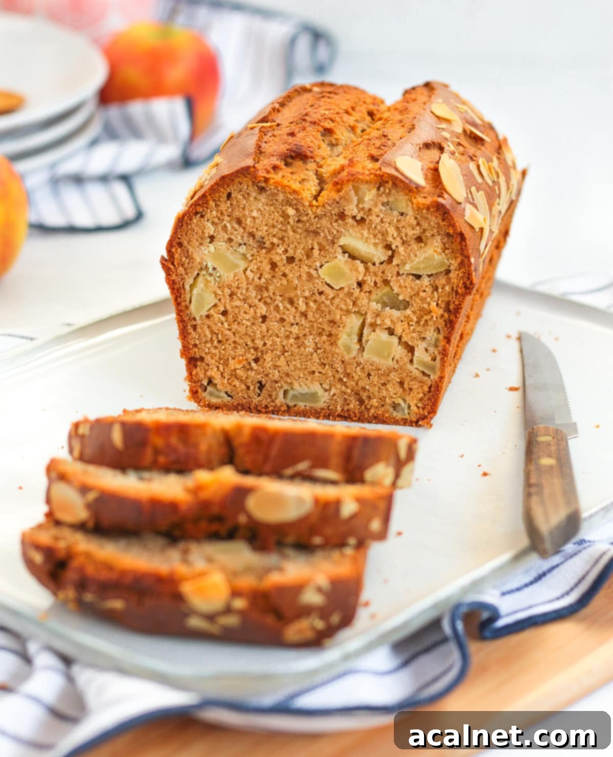 Sliced apple loaf cake on a white plate with three pieces removed.